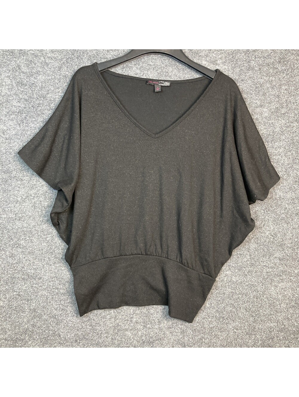 JW Style Women Large Black w/ Gold Sparkles Dolman Slve V-Neck USA Made Top EUC